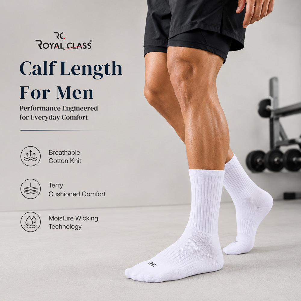 RC. ROYAL CLASS Cotton Socks for Men, Calf Length Sports Athletic, Hi-Performance, Ribbed, Soft, Breathable, Anti-Odour, Ventilated, Moisture Wicking, Anti Sweat Durable Socks, Pack of 4 Pairs