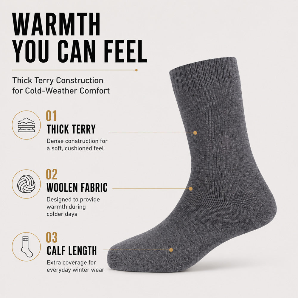 RC. ROYAL CLASS Men's Woolen Calf Length Solid Thick Terry Winter Wear Socks (Multicolor, Free Size) - Combo Pack of 5 Pairs