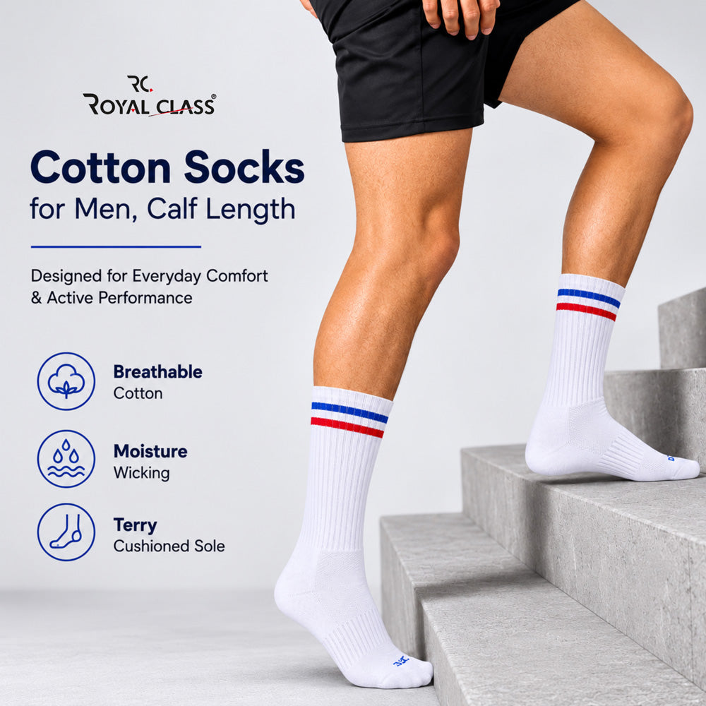 RC. ROYAL CLASS Cotton Socks for Men, Calf Length Sports Athletic, Hi-Performance, Ribbed, Soft, Breathable, Anti-Odour, Ventilated, Moisture Wicking, Anti Sweat Durable Socks, Pack of 4 Pairs