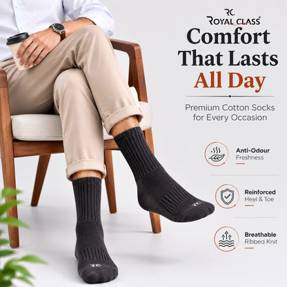 RC. ROYAL CLASS Cotton Socks for Men, Calf Length Sports Athletic, Hi-Performance, Ribbed, Soft, Breathable, Anti-Odour, Ventilated, Moisture Wicking, Anti Sweat Durable Socks, Pack of 4 Pairs