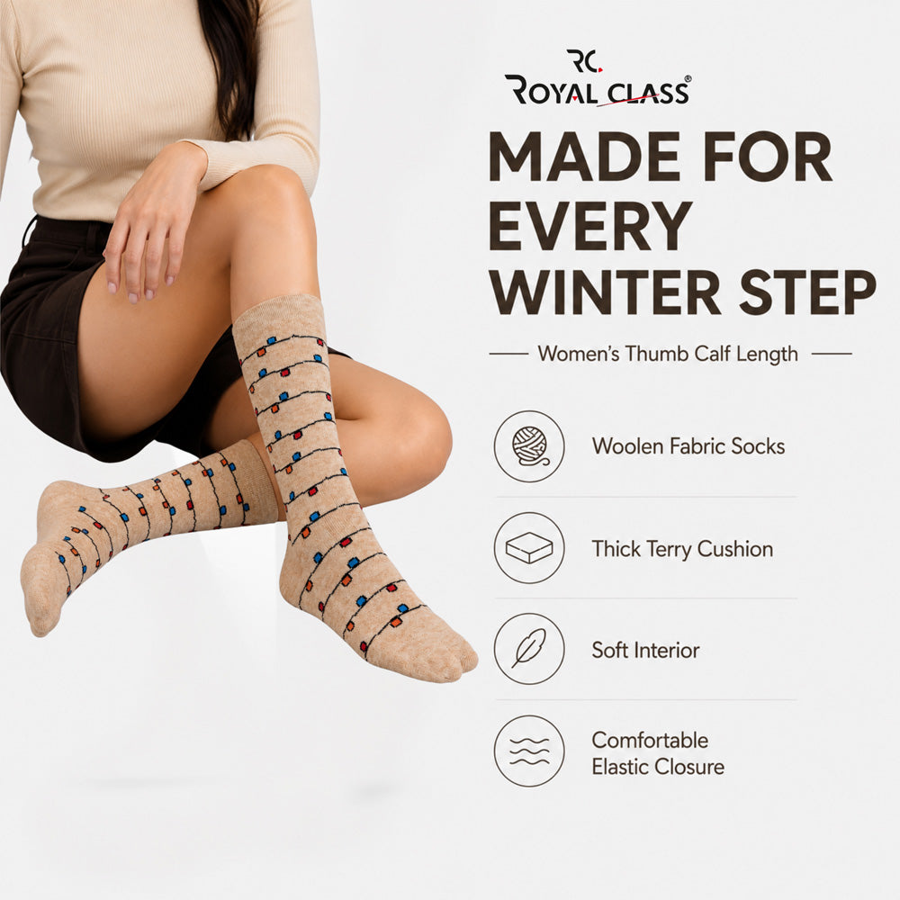 RC. ROYAL CLASS Women's Warm Woolen Calf Length Thick Terry/Towel Multicolored Socks(Pack of 3 Pairs)(Winter wear socks)