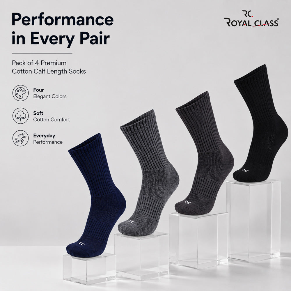 RC. ROYAL CLASS Cotton Socks for Men, Calf Length Sports Athletic, Hi-Performance, Ribbed, Soft, Breathable, Anti-Odour, Ventilated, Moisture Wicking, Anti Sweat Durable Socks, Pack of 4 Pairs