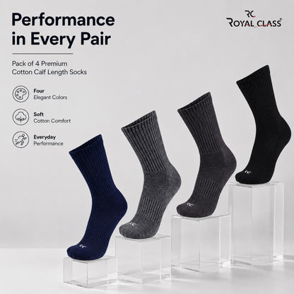 RC. ROYAL CLASS Cotton Socks for Men, Calf Length Sports Athletic, Hi-Performance, Ribbed, Soft, Breathable, Anti-Odour, Ventilated, Moisture Wicking, Anti Sweat Durable Socks, Pack of 4 Pairs