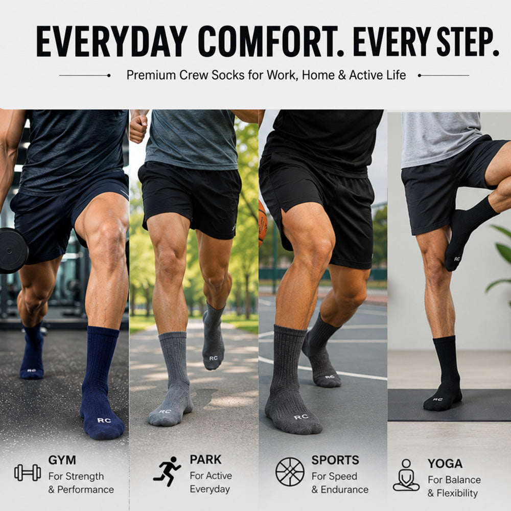 RC. ROYAL CLASS Cotton Socks for Men, Calf Length Sports Athletic, Hi-Performance, Ribbed, Soft, Breathable, Anti-Odour, Ventilated, Moisture Wicking, Anti Sweat Durable Socks, Pack of 4 Pairs
