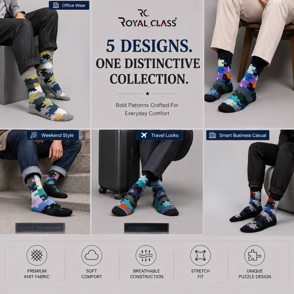 RC. ROYAL CLASS Men's Calf Length Pure Cotton Multicolored Socks (Pack of 5 Pairs)