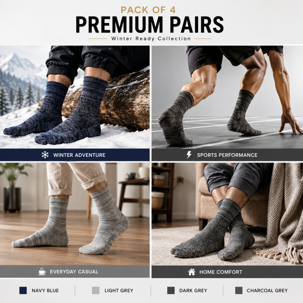 Thick Heavy Duty Thermal Socks For Men Cushioned Towel Warm Winter Woolen Socks, Calf Length Hi-Performance Soft Moisture Wicking Socks, Pack of 4 Pairs, Free Size, Multicolored