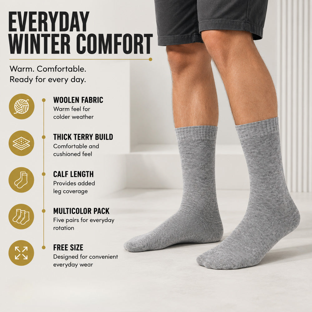 RC. ROYAL CLASS Men's Woolen Calf Length Solid Thick Terry Winter Wear Socks (Multicolor, Free Size) - Combo Pack of 5 Pairs