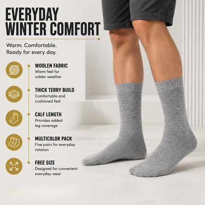 RC. ROYAL CLASS Men's Woolen Calf Length Solid Thick Terry Winter Wear Socks (Multicolor, Free Size) - Combo Pack of 5 Pairs